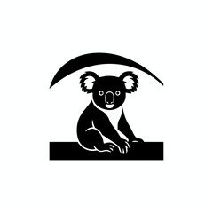 Koala silhouette sitting on branch with curved leaf above vector illustration