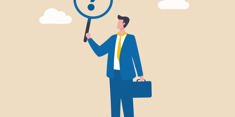 A businessman contemplates a question mark held aloft in a minimalist style