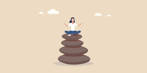 A woman meditating in a lotus position on a stack of balanced stones
