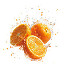 Sichuan orange juice, half of the oranges have an open mouth and are splashing juice, isolated on a white background