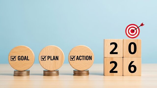 New year 2026 goals plan action with target and arrow symbolizing success and achievement