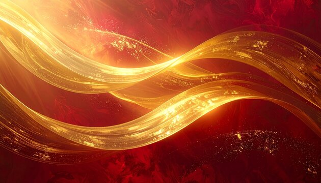 Abstract Golden Waves on Red Background - Modern Design.