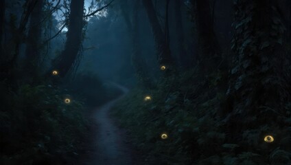 Serene path meanders through a dark, mystical forest; glowing orbs light the way