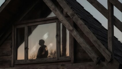 Silhouette of a person reflected in a window of a rustic wooden structure at dusk
