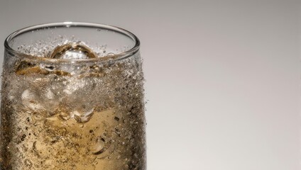 Refreshing Iced Drink in Glass with Condensation and Bubbles.