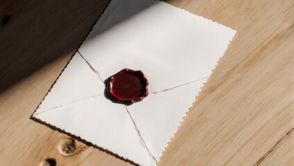 Sealed Envelope on Wooden Surface with Wax Seal.
