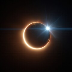 Solar eclipse with bright halo and lateral flare illuminating the edge of the dark disk