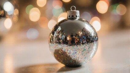 Silver Christmas Ornament with Bokeh Lights Background.