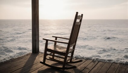 Rocking chair on a porch overlooking the ocean at sunset.