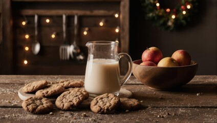 Rustic holiday still life of cookies, milk, and apples against wooden backdrop