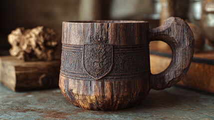 A meticulously crafted wooden mug, an emblem of rustic artistry, stands as a testament to skilled craftsmanship