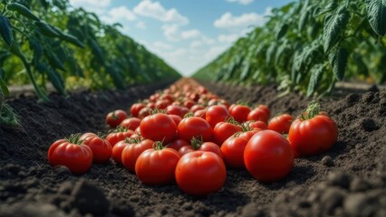 Rows of ripe, red tomatoes on dark soil, with tomato plants in rows under a blue sky