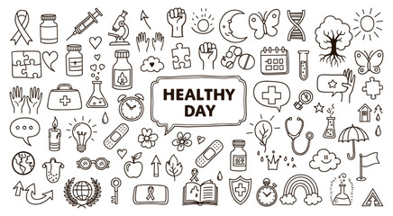 A comprehensive collection of hand-drawn health and wellness doodle icons illustrating various aspects of medical care, daily well-being, and a healthy lifestyle perfect for graphic design projects
