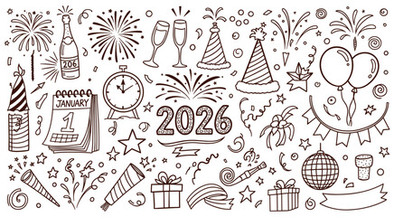 Celebrate the upcoming year 2026 with a delightful hand drawn doodle collection encompassing festive elements like fireworks, champagne, party hats, and a countdown clock for cheerful holiday