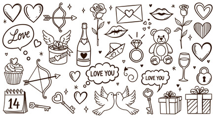 Hand drawn doodle collection for Valentine's Day featuring various romantic symbols love elements and festive objects perfect for card designs social media posts and holiday promotions