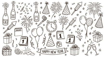Hand-drawn doodle collection celebrating New Year's Eve festivities, showcasing essential holiday elements like popping champagne, festive fireworks, party hats, and calendar countdown, perfect for