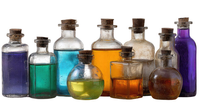 A row of colorful glass medicine bottles and vintage pharmacy vials isolated on a white laboratory background