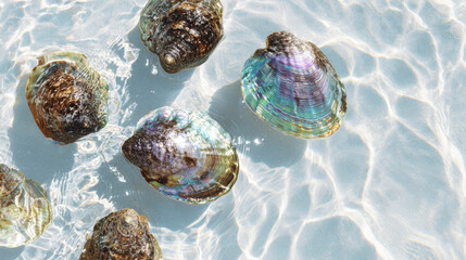 &ldquo;A set of abalone seashells floating on clear white water with sunlight reflecting off gentle waves, showcasing their natural iridescent and textured surfaces in a minimal top-view composition.&rdquo;