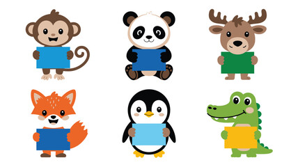 Obraz premium Cartoon Animals Holding Colorful Rectangles Monkey, Panda, Moose, Fox, Penguin and Alligator Illustration