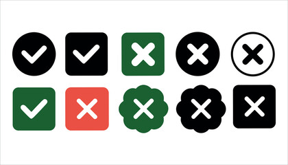 Collection of checkmark and cross icons in various shapes and colors on white background check mark x mark
