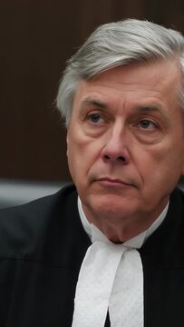 Vertical video: Listening during hearing judge in black robe white tabs, glancing at bench papers