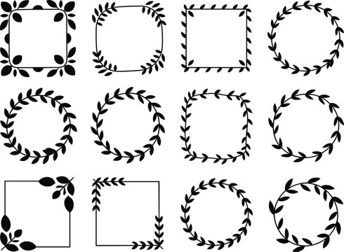 Black silhouette floral and leaf borders and frames in square and circular shapes decorative