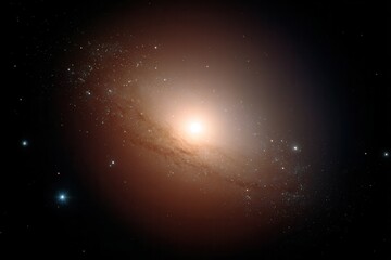Warm-toned elliptical galaxy with dense star core and radiant halo
