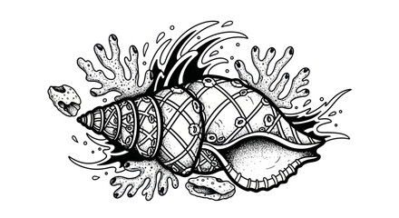 Stylized seashell with coral and water splashes in black and white illustration.
