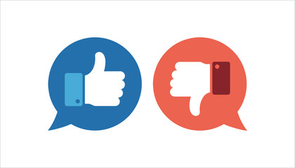 Fototapeta premium Blue speech bubble with white thumbs up icon and red speech bubble with white thumbs down icon on white background
