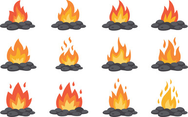 Campfire and Fire Icons with Flames and Rocks burning heat