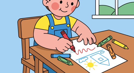 Cute cartoon boy drawing a picture of a house and sun with crayons.