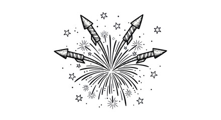 A hand-drawn illustration of rockets launching and fireworks exploding.