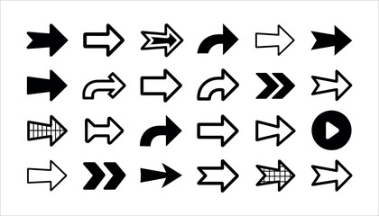 Collection of black and white arrow icons and symbols on a white background direction right