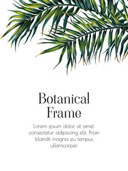 Illustration of tropical palm leaves. Frame with an exotic plant. Botanical wedding invitation template. Floral decoration for a card