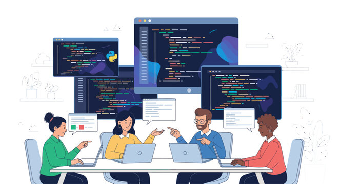 Diverse team of software developers collaborating on coding projects in a modern office.
