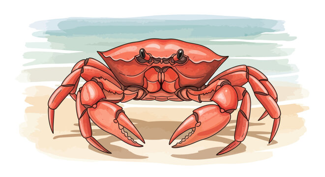 Vibrant red crab illustration on a sandy beach background.