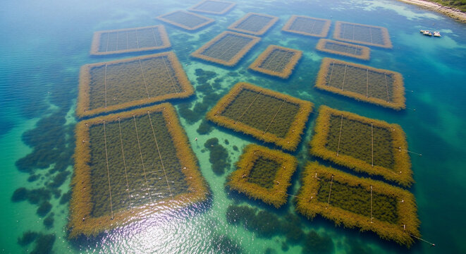 Aerial view of a large seaweed farm with rectangular plots in clear blue water, showcasing aquaculture and sustainable food production