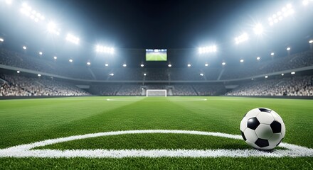 Soccer ball on the corner arc of a brightly lit stadium field at night