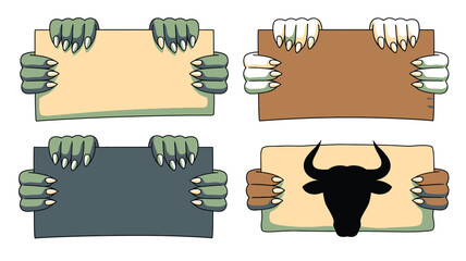 Cartoon Hands Holding Blank Signs Zombie, Human, and Bull Silhouette Displayed