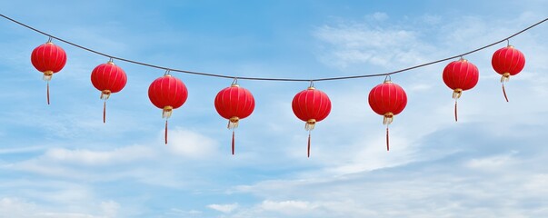 Red lanterns hanging against clear blue sky for festive chinese new year celebration