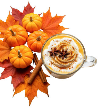 Cozy Autumn Scene with Pumpkin Spice Latte, Mini Pumpkins, and Fall Leaves 