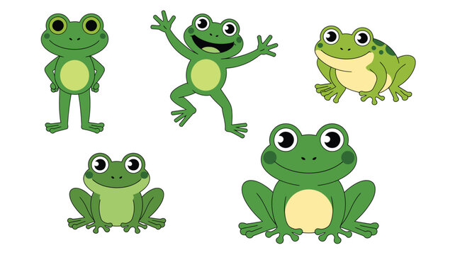 Cartoon Illustration of Five Smiling Green Frogs in Various Poses on White Background