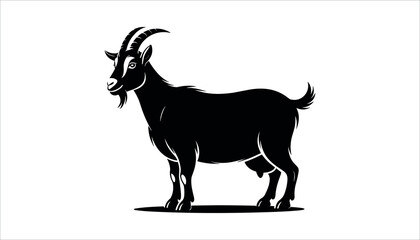 Black silhouette of a goat with curved horns and a beard standing on a white background animal