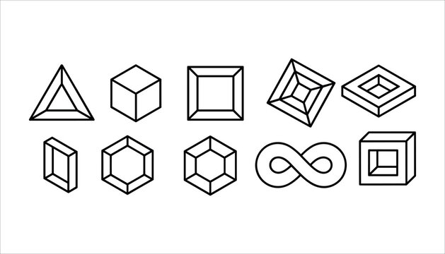 Collection of black line art geometric shapes and forms on a white background abstract border