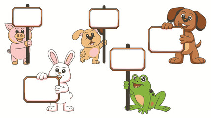 Cartoon Pig, Puppy, Bunny, Dog, and Frog Holding Blank Signs on a White Background