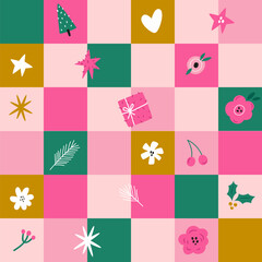 Christmas Checkered Pattern. Abstract Festive & Floral Elements.