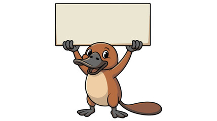 Cartoon Platypus Holding Blank Sign Above Head, Facing Front, Illustration on White