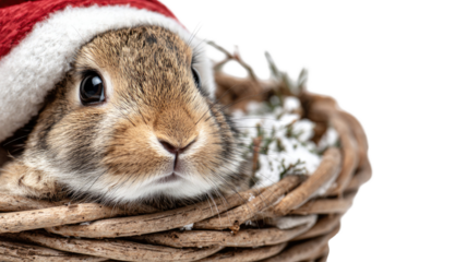 A cute domestic white bunny with fluffy ears wearing a Santa hat isolated on white background