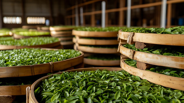 Trays filled with freshly picked green tea leaves await processing. The aromatic leaves are spread out to wither, preparing them for the next step in tea production.