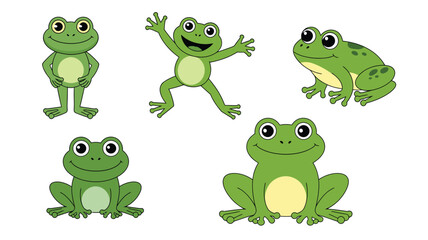 Obraz premium Collection of Five Cartoon Frogs in Various Poses Isolated on a White Background